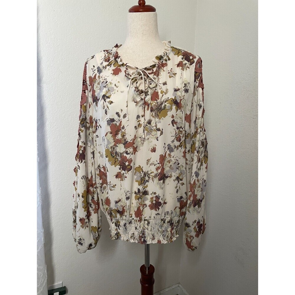 Buckle Black Womens Floral Lace-Up Chiffon Blouse Size Large Lined Crochet Boho